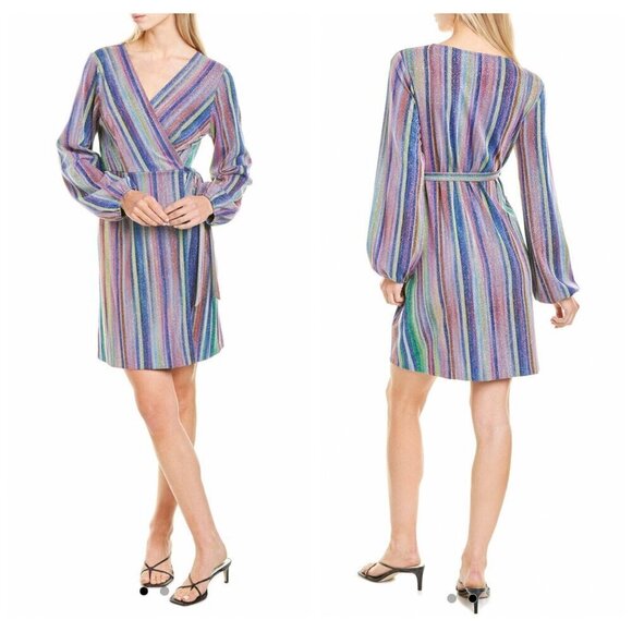 DREW Patsy Wrap Dress NWT $276 Multicolor Striped Metallic Women's Size Small - Picture 2 of 10